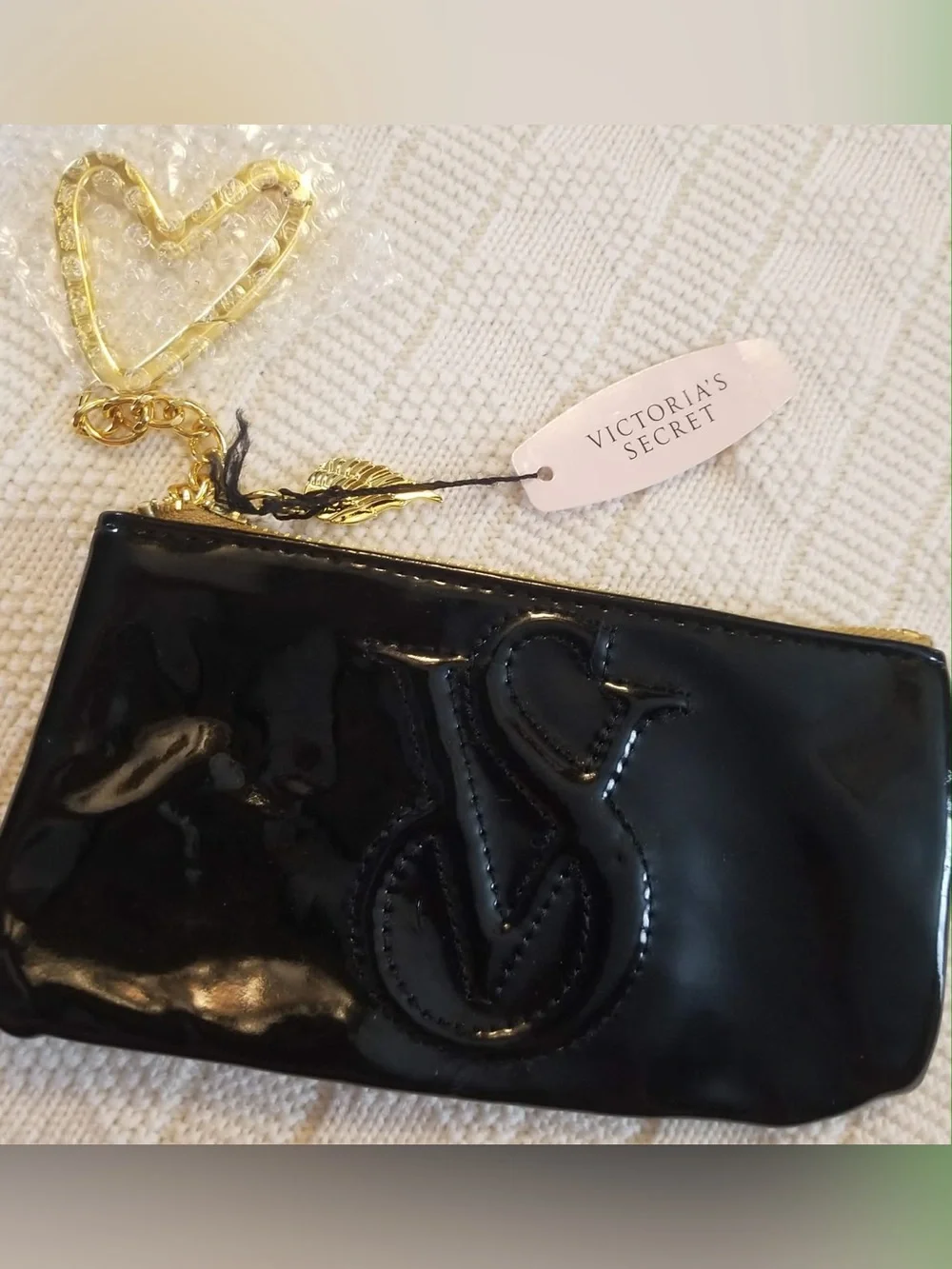 Victoria's Secret Black Patent Cosmetic Wristlet with Gold Charm
